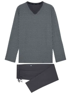 Pyjama long Jaipur en coton gris à col v imprimé géométrique et logo brodé sur le pantalon