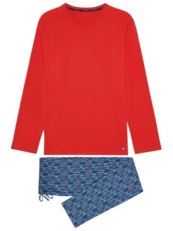 Pyjama long Lugano en coton multicolore à col v et imprimé géométrique sur le pantalon