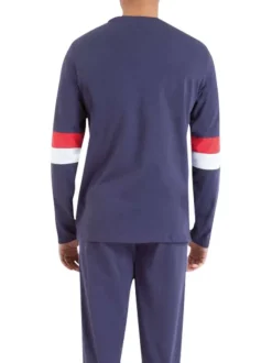 Pyjama long marine en coton avec une coupe droite et un col rond