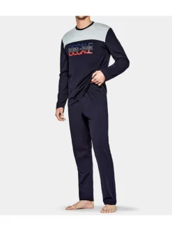 Pyjama long marine en coton col rond