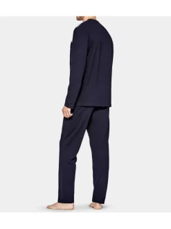 Pyjama long marine en coton col rond