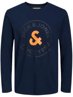 Pyjama Long marine fantaisie coupe fermée avec col rond et logo imprimé poitrine