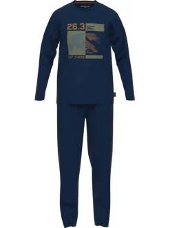 Pyjama long marine imprimé avec une coupe droite et un col rond