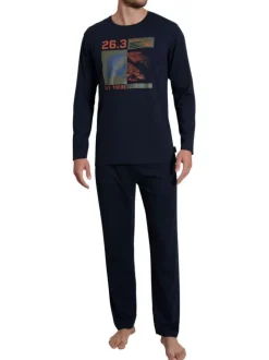 Pyjama long marine imprimé avec une coupe droite et un col rond