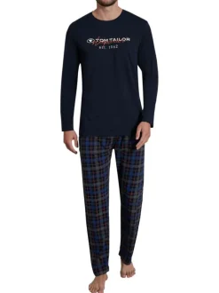 Pyjama long marine imprimé avec une coupe droite un col rond et pantalon tartan