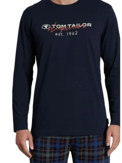 Pyjama long marine imprimé avec une coupe droite un col rond et pantalon tartan