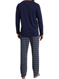 Pyjama long marine imprimé avec une coupe droite un col v et des manches longues