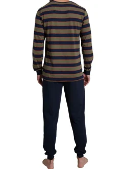 Pyjama long marine rayé avec une coupe droite un col rond et des manches longues
