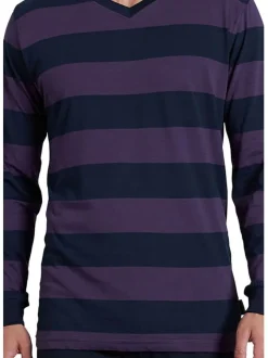 Pyjama long marine rayé avec une coupe droite un col V et des manches longues