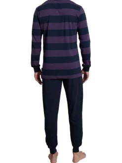 Pyjama long marine rayé avec une coupe droite un col V et des manches longues
