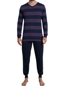Pyjama long marine rayé avec une coupe droite un col V et des manches longues