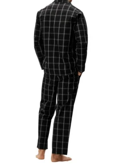 Pyjama long noir en coton fantaisie coupe régular avec un col cubain à manches longues