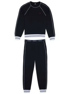 Pyjama long noir en coton uni à col rond et manches longues