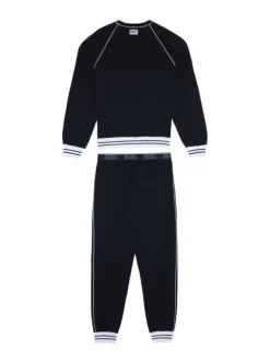 Pyjama long noir en coton uni à col rond et manches longues