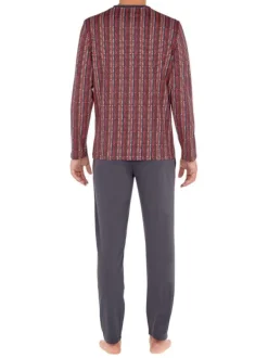 Pyjama long Ottawa en coton gris à col imprimé imprimé géométrique et logo brodé sur le pantalon