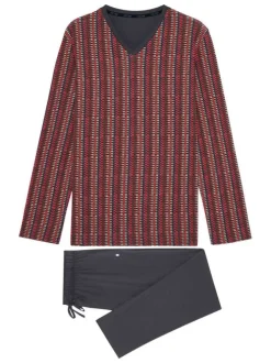 Pyjama long Ottawa en coton gris à col imprimé imprimé géométrique et logo brodé sur le pantalon