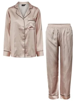 Pyjama long rose pâle à pois à col cranté taille élastiquée et coupe droite fluide