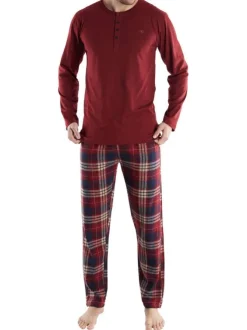 Pyjama long rouge coupe droite col tunisien et à manches longues