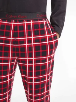 Pyjama long rouge et noir en coton à carreaux et gros logo
