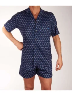 Pyjama marine en coton all-over coupe régular avec un col cubain