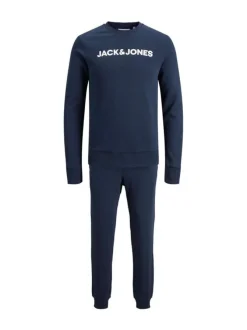 Pyjama marine en coton uni coupe droite col rond