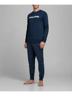 Pyjama marine en coton uni coupe droite col rond
