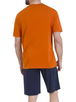 Pyjama short en coton bleu marine et orange pourvu de manches courtes