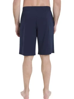 Pyjama short en coton bleu rayé pourvu d'un col rond et de manches courtes