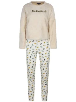 Pyjama Ten.Interieur en coton écru imprimé coupe régular avec un col rond et un haut polaire avec inscriptions
