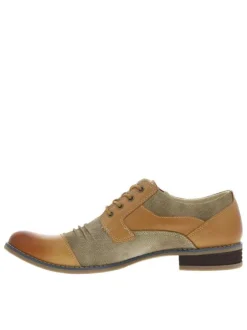Richelieu en cuir camel à empiècements aspect denim et à talon décroché bas