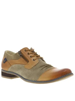 Richelieu en cuir camel à empiècements aspect denim et à talon décroché bas