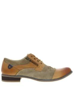 Richelieu en cuir camel à empiècements aspect denim et à talon décroché bas