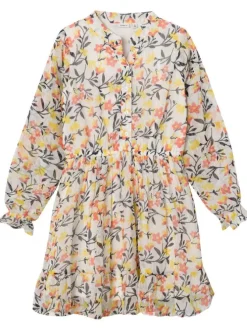 Robe courte blanche fleurie coupe cintrée col rond fendu avec des manches longues