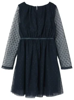 Robe courte bleue marine en tulle à pois avec une coupe droite et un col rond