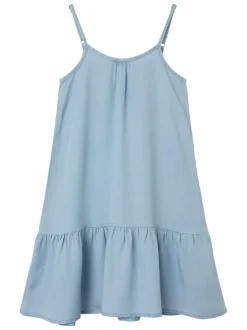 Robe courte bleue unie à volants sur le bas avec une coupe droite fluide