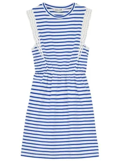 Robe courte en coton blanche rayée avec une coupe droite et un col rond