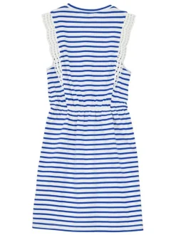 Robe courte en coton blanche rayée avec une coupe droite et un col rond