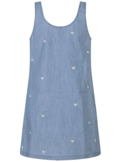 Robe courte en coton bleu clair denim à motifs avec une coupe droite