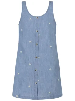 Robe courte en coton bleu clair denim à motifs avec une coupe droite