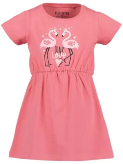 Robe courte en coton fuchsia unie coupe ajustée un col rond et 2 flamants roses