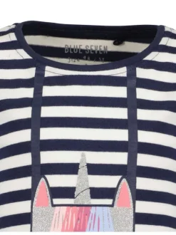 Robe courte en coton marine rayée coupe évasée col rond et licorne poitrine