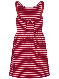 Robe courte en coton mélangé rouge rayée avec une coupe droite et un col rond