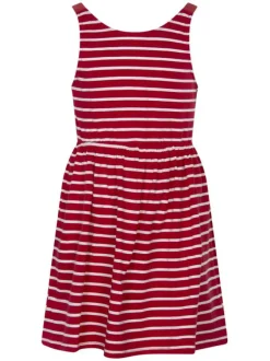 Robe courte en coton mélangé rouge rayée avec une coupe droite et un col rond
