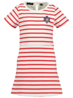Robe courte en coton mélangé avec des rayures rouges et une fleur en glitter