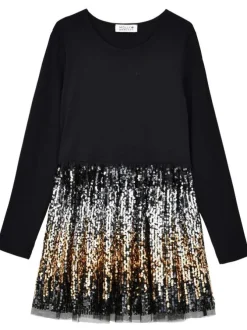 Robe courte en coton noire avec jupon en tulle et sequins avec un col rond