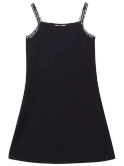 Robe courte noire unie avec une coupe trapèze un col rond et des bretelles