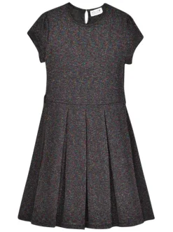 Robe courte noire unie en lurex à coupe ajustée, col rond et à manches courtes
