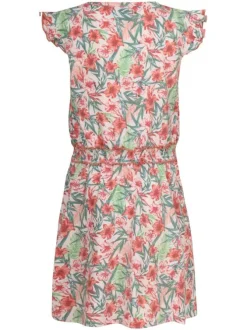 Robe courte rose fleurie coupe droite avec un col rond et une taille resserrée