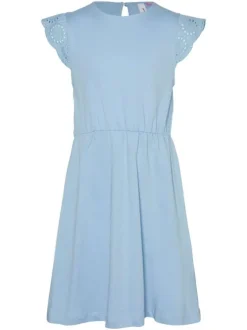 Robe courte sans manches bleu ciel unie avec une coupe patineuse et un col rond