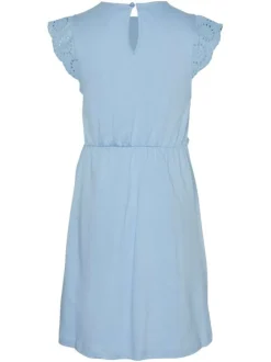 Robe courte sans manches bleu ciel unie avec une coupe patineuse et un col rond